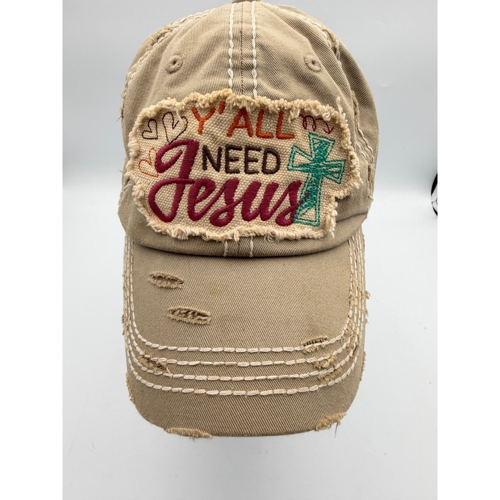 KBETHOS Vintage Y'all Need Jesus Distressed Baseball Cap Tan Khaki Cross Hat